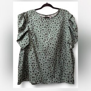 Sage green and black animal print blouse w/pleated puff sleeve detail, size 3XL